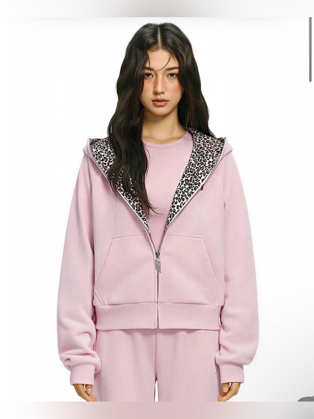 Women’s Pink Zip Hoodie with Leopard-Print Hood Lining
